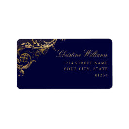 ヴィンテージブルー金ゴールドフローラダマスクスク結婚スクリプト ラベル