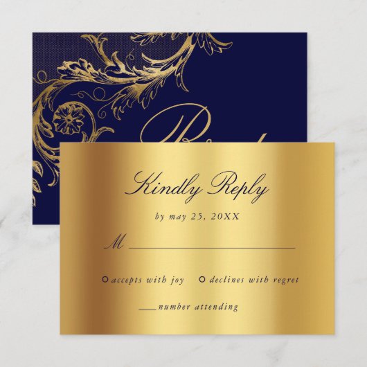 ヴィンテージブルー金ゴールドフローラダマスクスク結婚スクリプト 出欠カード (正面/裏面)