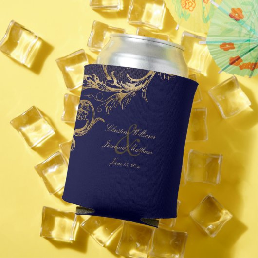 ヴィンテージブルー金ゴールドフローラダマスクスク結婚スクリプト 缶クーラー (インサイチュ 夏)