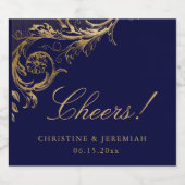 ヴィンテージブルー金ゴールドフローラダマスク応援結婚ズ スパークリングワインラベル (シングルラベル)