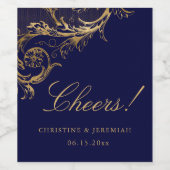 ヴィンテージブルー金ゴールドフローラダマスク応援結婚ズ ワインラベル (シングルラベル)