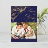 ヴィンテージブルー金ゴールドフローラダマスク結婚写真 セーブザデート (スタンド正面)