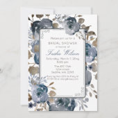 ヴィンテージブルー金ゴールドフローラ植物学ブライダルシャワー 招待状 (正面)