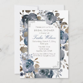 ヴィンテージブルー金ゴールドフローラ植物学ブライダルシャワー 招待状