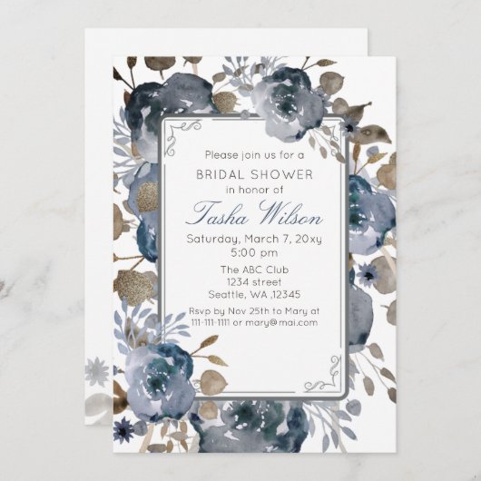 ヴィンテージブルー金ゴールドフローラ植物学ブライダルシャワー 招待状 (正面/裏面)