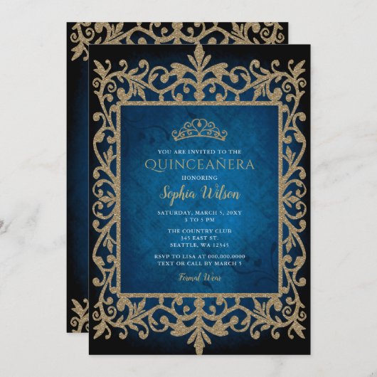 ヴィンテージブルー金ゴールドプリンセスティアラキンセアニラ 招待状 (正面/裏面)