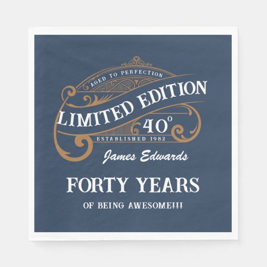 ヴィンテージブルー金ゴールドメンズウィスキー40歳の誕生日 スタンダードランチョンナプキン (正面)