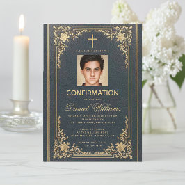 ヴィンテージブルー金ゴールド写真エレガントボーイ確認 招待状