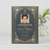 ヴィンテージブルー金ゴールド写真エレガントボーイ確認 招待状 (スタンド正面)