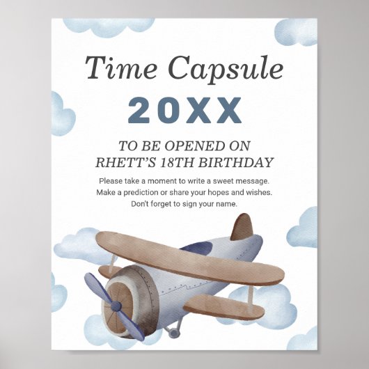 ヴィンテージブルー飛行機1日バースデータイムカプセル ポスター (正面)