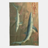 ヴィンテージブルー食べシャークの魚、海洋生物 キッチンタオル (縦)