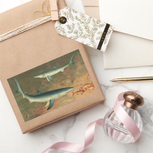 ヴィンテージブルー食べシャークの魚、海洋生物 長方形シール (ギフト)