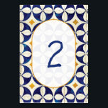 ヴィンテージブルー&イエローポルトガル結婚柄 テーブルナンバー<br><div class="desc">このデザインは、素朴なヴィンテージポルトガルのタイル模様を特徴とする。文字結婚は白と金ゴールド色の楕円形のアーチ形でエレガントに囲まれている。Azulejo青ユニーク、黄色および白の幾何学的フローラの結婚テーブル番号のデザイン要素モダン付き。一致する結婚式招待状や他の文房具も用意。各テーカスタマイズブルの番号と購入は、必要なテーブル番号の数に応じて個別に行う</div>