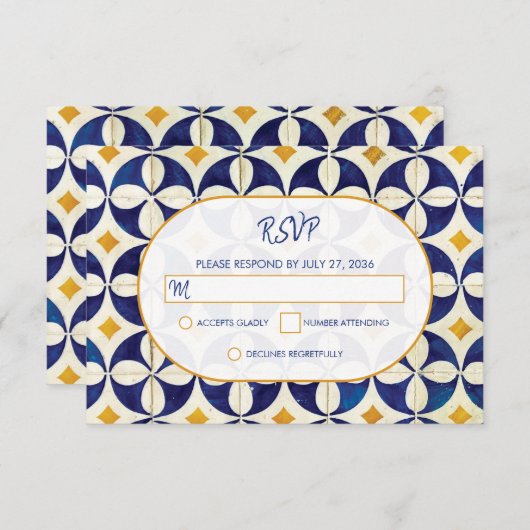 ヴィンテージブルー&イエローポルトガル結婚柄 出欠カード (正面/裏面)