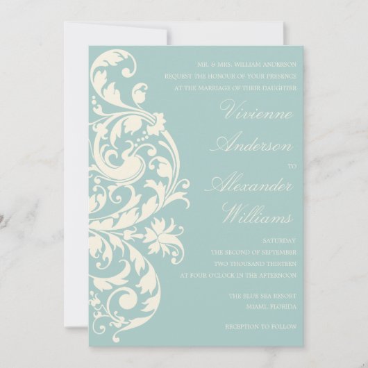 ヴィンテージブルー&クリームフローリッシュ |結婚式招待状 招待状 (正面)