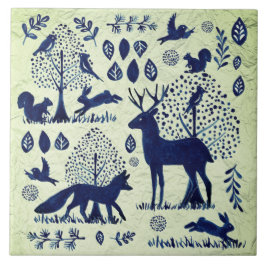 ヴィンテージブルー&グリーンウッドランド動物キツネウサギ タイル