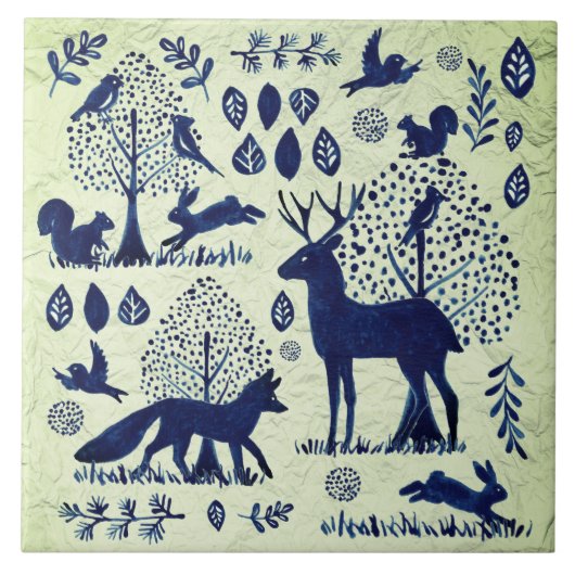 ヴィンテージブルー&グリーンウッドランド動物キツネウサギ タイル (正面)