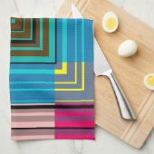 ヴィンテージブルー、グリーン、イエロー、ピンクストライプのパターン キッチンタオル (四つ折り)