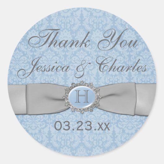 ヴィンテージブルー,グレーダマスクの結婚式の好意ステッカー ラウンドシール (正面)