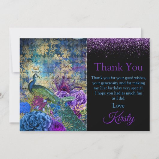 ヴィンテージブルー&パープルピーコック誕生日ありがとう サンキューカード (正面)