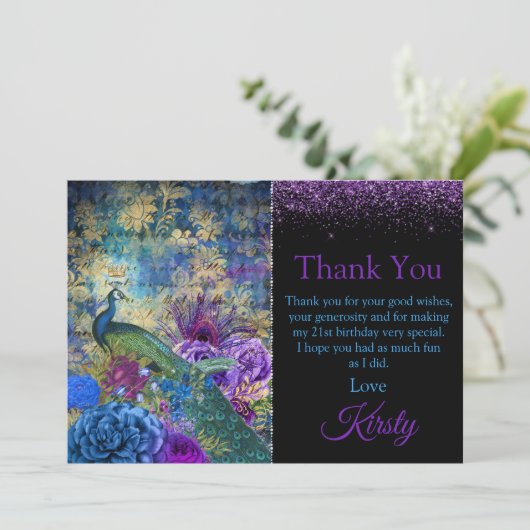 ヴィンテージブルー&パープルピーコック誕生日ありがとう サンキューカード (スタンド正面)