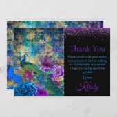 ヴィンテージブルー&パープルピーコック誕生日ありがとう サンキューカード (正面/裏面)