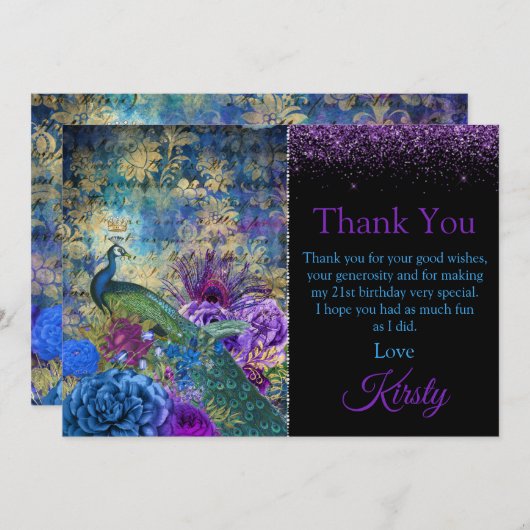 ヴィンテージブルー&パープルピーコック誕生日ありがとう サンキューカード (正面/裏面)