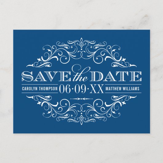ヴィンテージブルー・フローリッシュ・ウェディング・セーブ・ザ・デイト 案内ポストカード (正面)