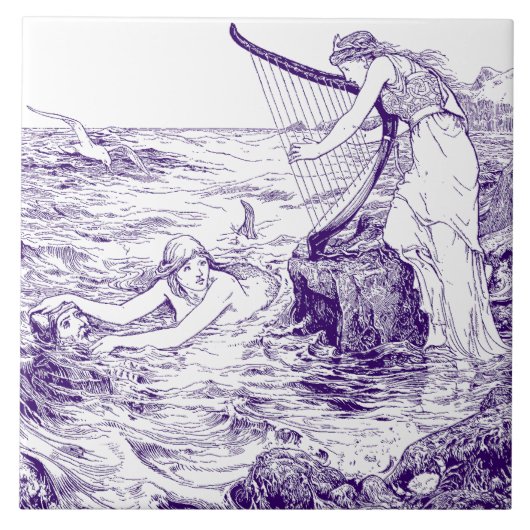 ヴィンテージブルー&ホワイトケルトのハープ&マーメイド タイル (正面)