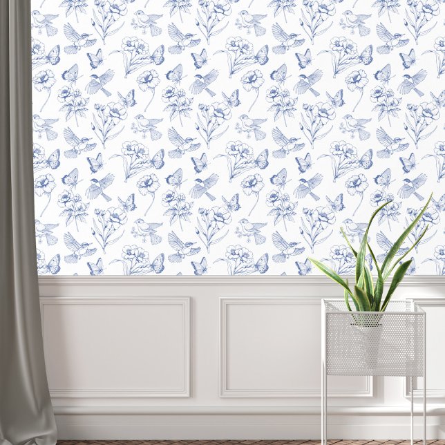 ヴィンテージブルー&ホワイトフローラバタフライバードトイル 壁紙 (Beautiful blue and white floral birds, butterflies, flowers toile du jouy pattern elegant wallpaper)