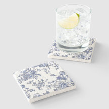 ヴィンテージブルー&ホワイトフローラマーブルストーンコースター