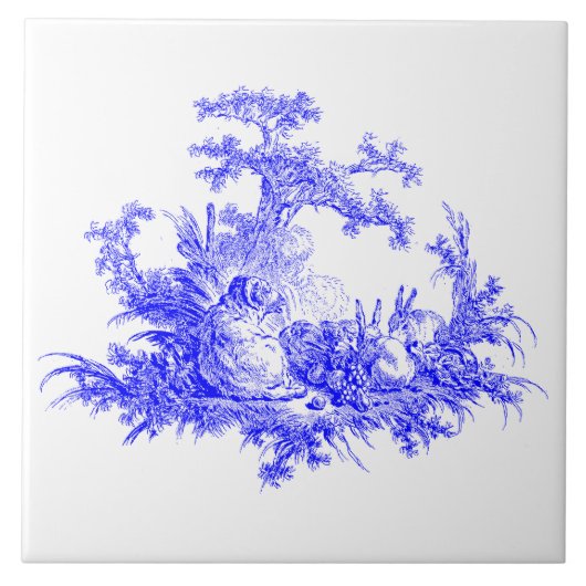 ヴィンテージブルー&ホワイト牧歌的な羊とウサギ タイル (正面)