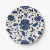 ヴィンテージブルー+白スワーリング植物フローラ ペーパープレート (正面)