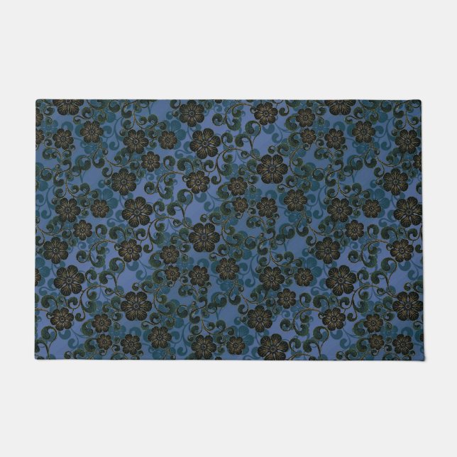 ヴィンテージブルー&石板グレーフローラ装飾品 ドアマット (正面)