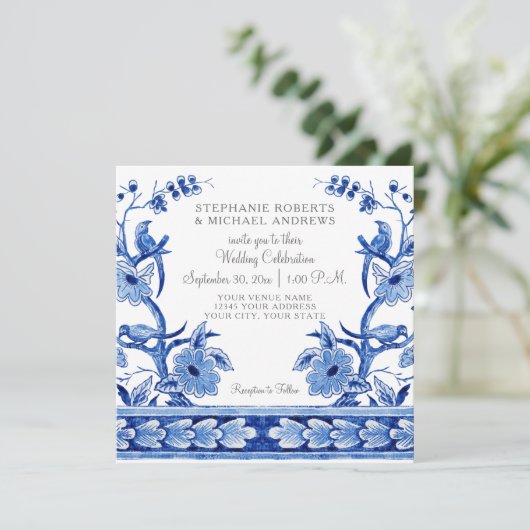ヴィンテージブルーChinoiserieアジアフローラ水色 招待状 (スタンド正面)