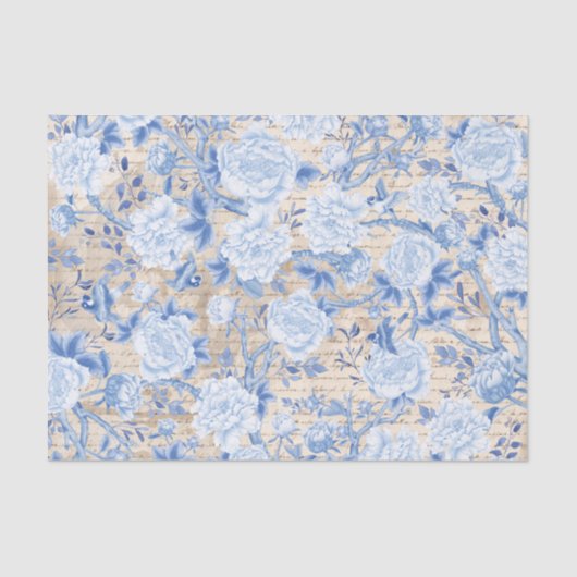 ヴィンテージブルーChinoiserie鳥とフローラの切り離し 薄葉紙 (正面)