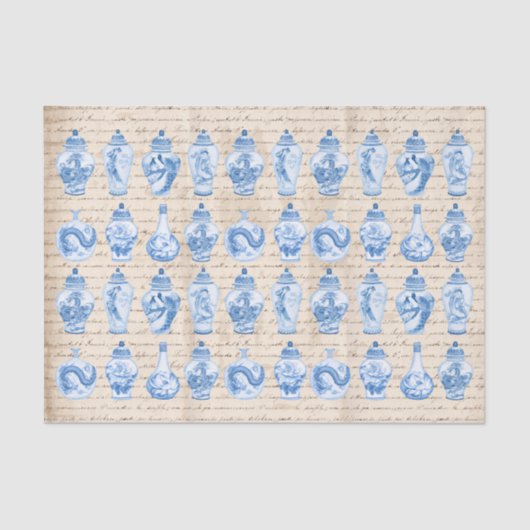 ヴィンテージブルーChinoiserie Ginger Jars Decompage 薄葉紙 (正面)