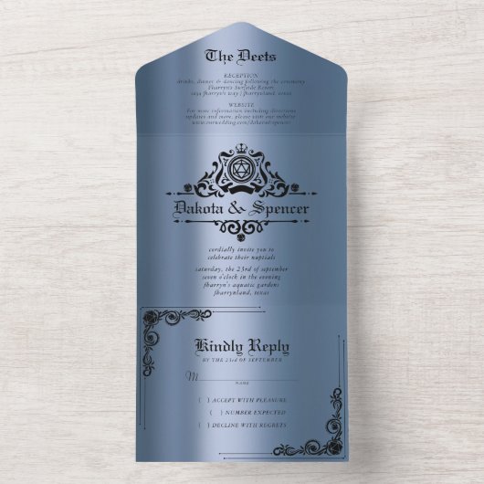ヴィンテージブルーD20 | RPGテーブルトップサイコロ結婚ズ オールインワン招待状 (内側)