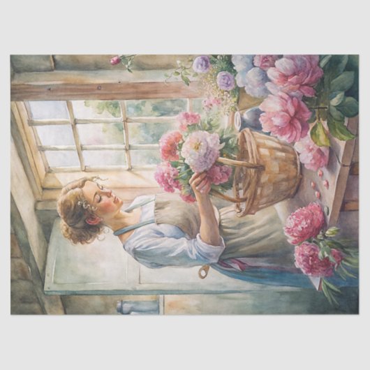 ヴィンテージブロンドの女性がピンクの牡丹を配置 薄葉紙 (正面)