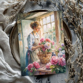 ヴィンテージブロンドの女性がピンクの牡丹を配置 薄葉紙