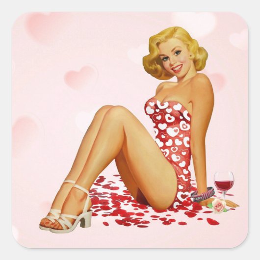 ヴィンテージブロンドウーマン赤いドレスとハートススク スクエアシール (正面)
