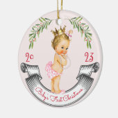 ヴィンテージブロンドベビーガール初めてのクリスマスレッドピンク セラミックオーナメント (左)
