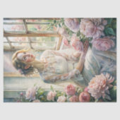 ヴィンテージブロンド女性ピンクの牡丹の居心地のよい窓 薄葉紙 (正面)