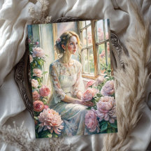 ヴィンテージブロンド女性ピンクの牡丹の居心地のよい窓