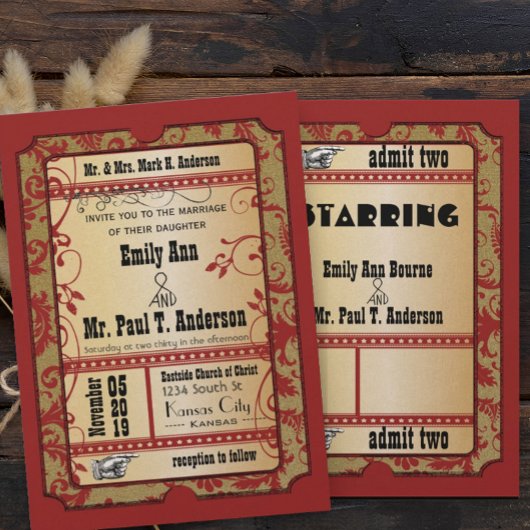 ヴィンテージブロードウェイポスター金ゴールドムービー結婚チケット 招待状