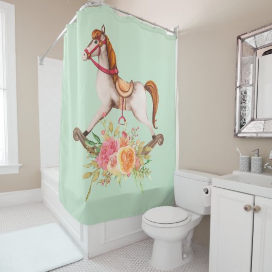 ヴィンテージブーケ付きロッキング馬 シャワーカーテン (インサイチュ)