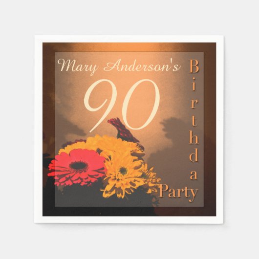 ヴィンテージブーケ90誕生日紙ナプキン スタンダードカクテルナプキン (正面)