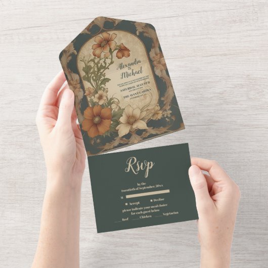 ヴィンテージブーゲンビリア結婚アールヌーボー オールインワン招待状 (貼ってはがせる)