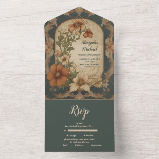 ヴィンテージブーゲンビリア結婚アールヌーボー オールインワン招待状 (内側)