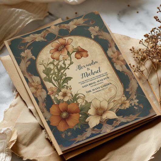 ヴィンテージブーゲンビリア結婚アールヌーボー 招待状